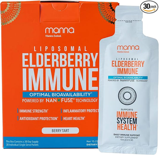 Manna Liposomal Elderberry Immune Packets – Vitamins C, D, Zinc, Echinacea & Ginger - Daily Immune Support for Adults & Kids - Sugar Free, Real Elderberry Extract & Syrup, Travel-Friendly, 30 Pack