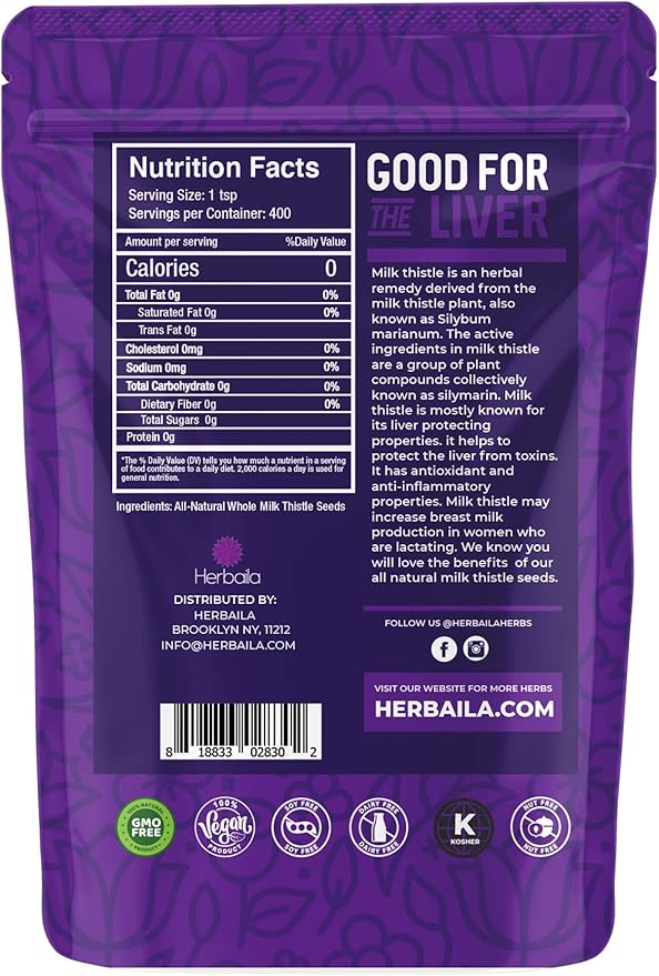 Herbaila Milk Thistle Seeds, 1 lb. Silymarin Milk Thistle Tea, Bulk Milk Thistle Herb Whole Seeds, Pure Milk Thistle Bulk, Whole Milk Thistle Seeds, All Natural, Gluten Free, Non-GMO. 1 Pound.