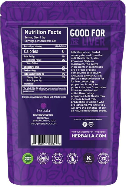 Herbaila Milk Thistle Seeds, 1 lb. Silymarin Milk Thistle Tea, Bulk Milk Thistle Herb Whole Seeds, Pure Milk Thistle Bulk, Whole Milk Thistle Seeds, All Natural, Gluten Free, Non-GMO. 1 Pound.