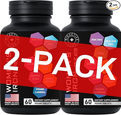 Vegan Iron Supplements for Women with Folic Acid - 168% Folate Folic Acid, 194% Ferrous Sulfate Blood Builder with Anemia and Pregnant Women - 2-Pack, 120 Gluten-Free Gentle Iron Tablets
