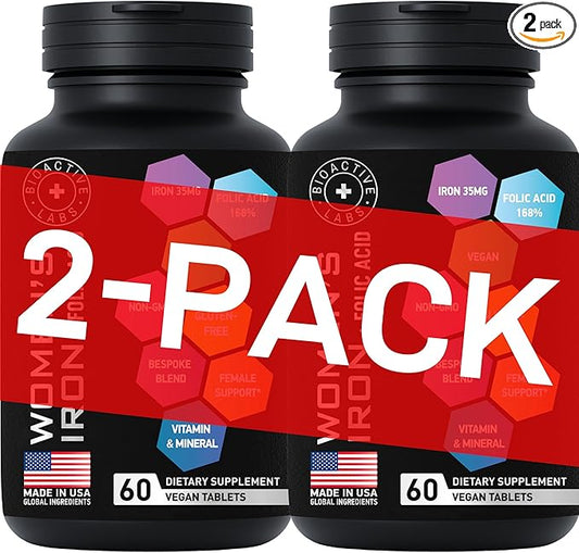 Vegan Iron Supplements for Women with Folic Acid - 168% Folate Folic Acid, 194% Ferrous Sulfate Blood Builder with Anemia and Pregnant Women - 2-Pack, 120 Gluten-Free Gentle Iron Tablets