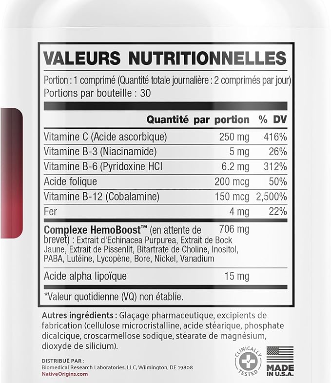 Natural Blood Builder Iron Supplement and Support for Healthy RBC & Oxygen Levels and Red Blood Cells Production for Women and Men - 60 Pills