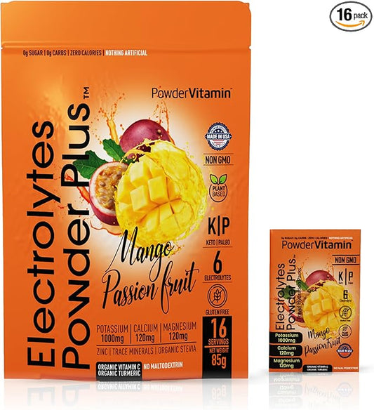 Electrolytes Powder Plus, Keto, Mango Passionfruit, Sugar Free, Pink Himalayan Salt, 1000mg Potassium, 120mg Calcium, 120mg Magnesium, Non-GMO, Zero Calories, (16 Hydration Packets)