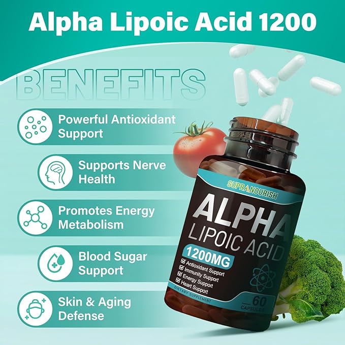 Alpha Lipoic Acid 1200mg - ALA Supplement,Promote Antioxidant for Nerve, Energy and Metabolism,with Benfotiamine, Vitamins B1/B12,60 Capsules