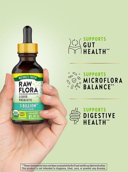 Nature's Truth Raw Flora USDA Organic Liquid Probiotic | Doctor Formulated | 25 Billion Live Strains | Vegan & Gluten Free Supplement for Men and Women