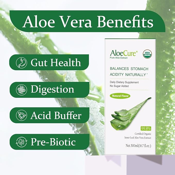 AloeCure Organic Aloe Vera Digestion Pack - 4 Pieces - 2 x 500ml Natural Flavor Juice, 2 x Probiotic + Enzyme