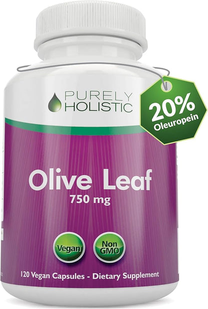 Purely Holistic Olive Leaf Extract 750mg Non-GMO Maximum Strength - 120 Vegan Capsules - 20% Oleuropein - 4 Month Supply - Support Supplement