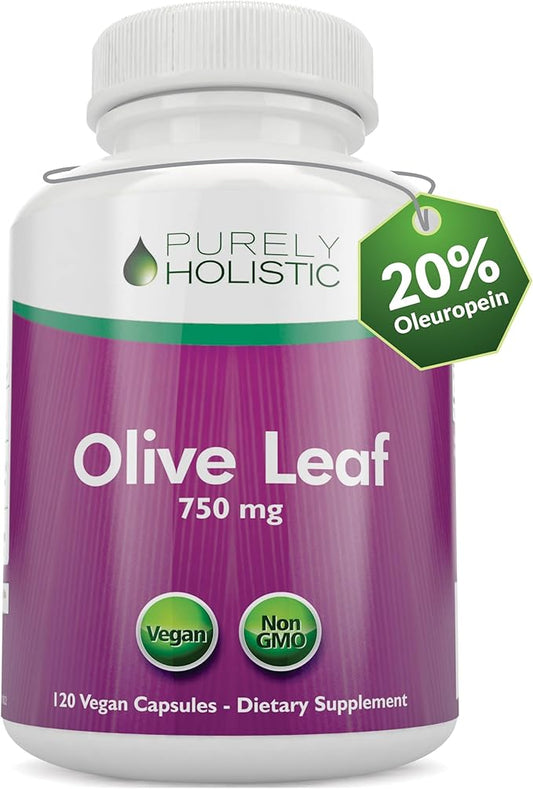 Purely Holistic Olive Leaf Extract 750mg Non-GMO Maximum Strength - 120 Vegan Capsules - 20% Oleuropein - 4 Month Supply - Support Supplement