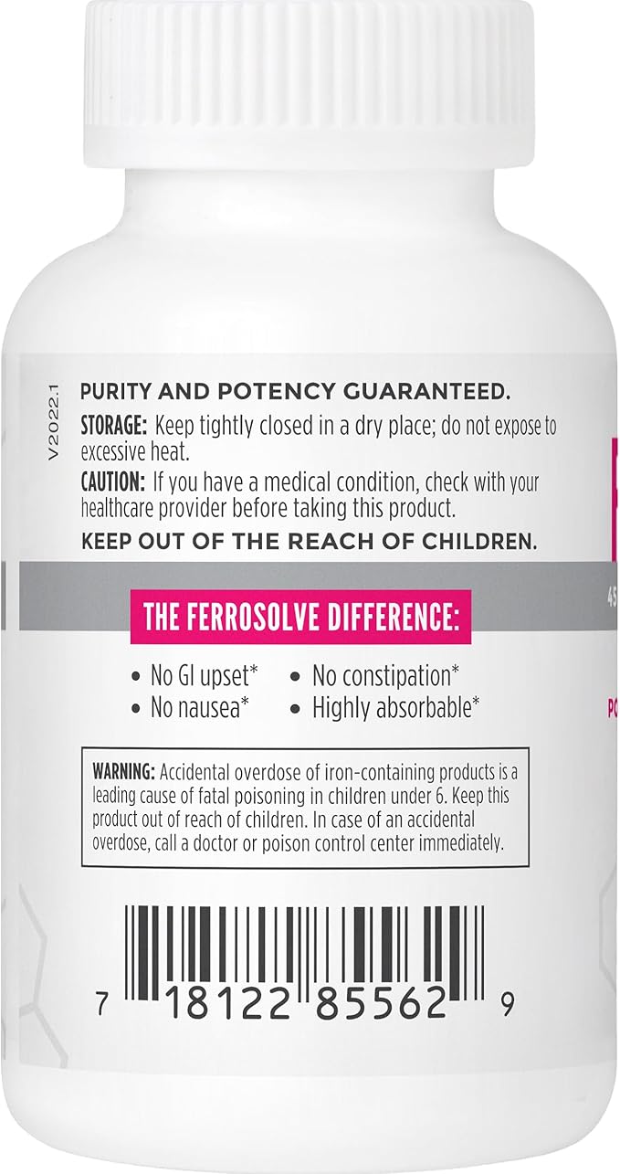 FerroSolve, Best Absorption Iron Supplement 45 mg | High Potency | GI Safe | 30ct Veggie Capsules