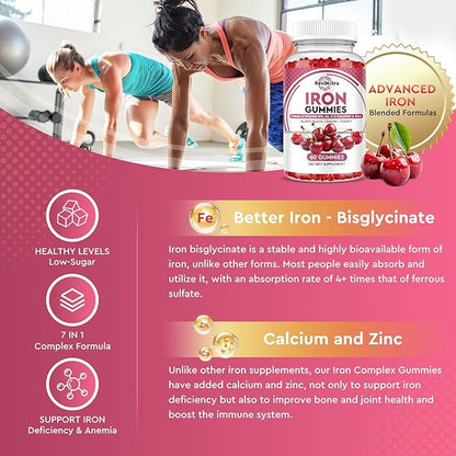 Iron Gummies with Zinc, Calcium, Vitamin C, B6 & B12 | Iron Supplement for Women, Men & Kids | Supports Anemia & Deficiency, Blood Builder & Cell Formation | Chewable Cherry Flavor | 60 Gummies
