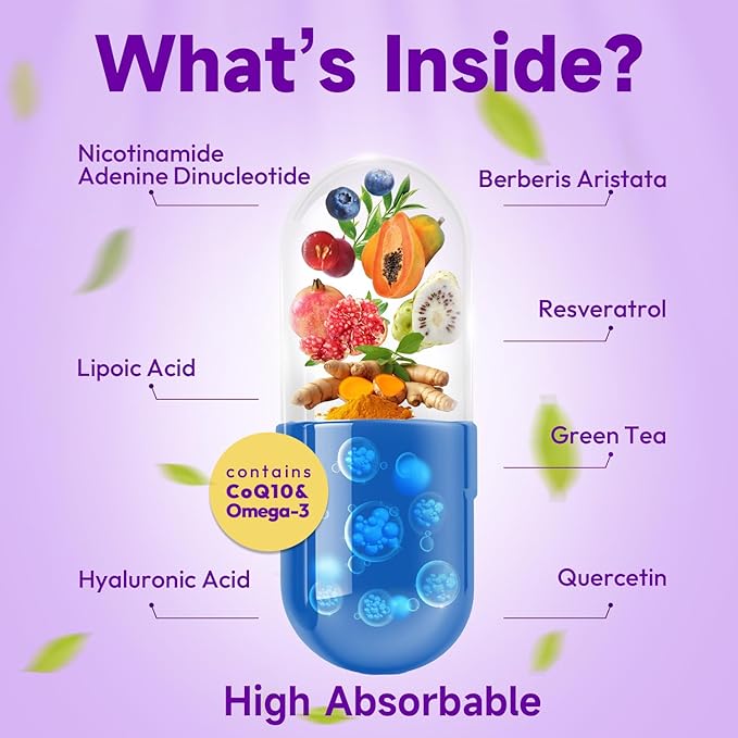 NAD Supplement, Liposomal NAD Resveratrol Supplement Contains Berberine , Alpha Lipoic Acid ,Hyaluronic Acid & Quercetin - Support Anti-Aging, Longevity, Cellular Energy, NMN Alternative -120 Capsules