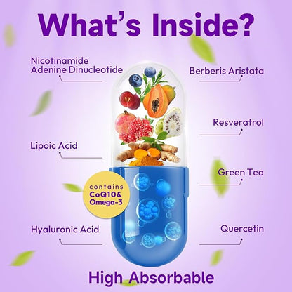 NAD Supplement, Liposomal NAD Resveratrol Supplement Contains Berberine , Alpha Lipoic Acid ,Hyaluronic Acid & Quercetin - Support Anti-Aging, Longevity, Cellular Energy, NMN Alternative -120 Capsules