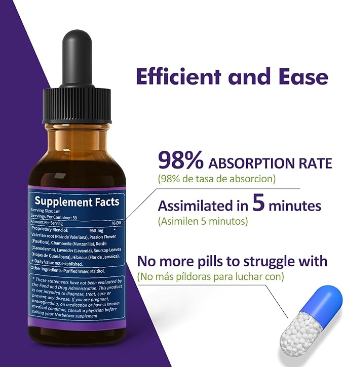 Valerian Sleep Support Drops, Gotas de Pasiflora y Valeriana y Lavanda para Dormir Profundamente rapido. Passion Flower & Lavender Extract Liquid Tincture for Fast and Sound Sleep. 2oz