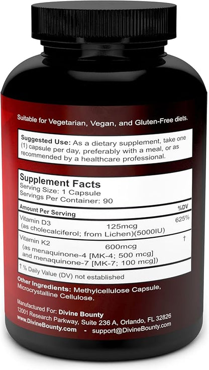 Vitamin K2 (MK7 & MK4) with D3 Supplement - Vitamin K & D as MK-7 100mcg, MK-4 500mcg, and 5000 IU Vitamin D3 3-in-1 Formula - Bone and Heart Support - 90 Non-GMO Vegetarian Capsules