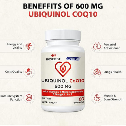 Ubiquinol CoQ10-600mg-Softgel, Active Coq10 Ubiquinol Supplement with Vitamin E & Omega 3, 6, 9, High Absorption-Coenzyme-Q10, Powerful Antioxidant for Energy Production, Tested, 180 Count