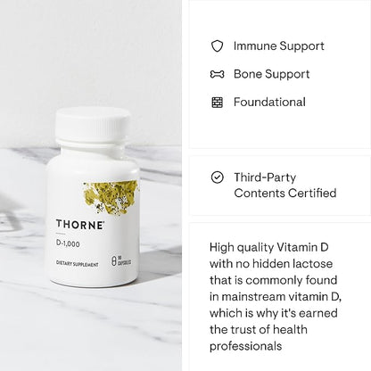 THORNE Vitamin D3 Supplement - Supports Healthy Bones, Teeth Muscles, Cardiovascular & Immune Function* - Gluten, Dairy & Soy-Free - 1,000 IU - 90 Capsules