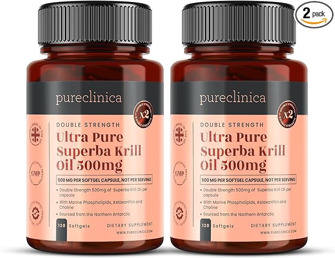 Ultra Pure Krill Oil 500mg x 240 Capsules (2 Bottles) - Sourced in The Unpolluted Waters of Antarctic Providing a Rich Supply of Astaxanthin, Omega 3, and Vitamin D