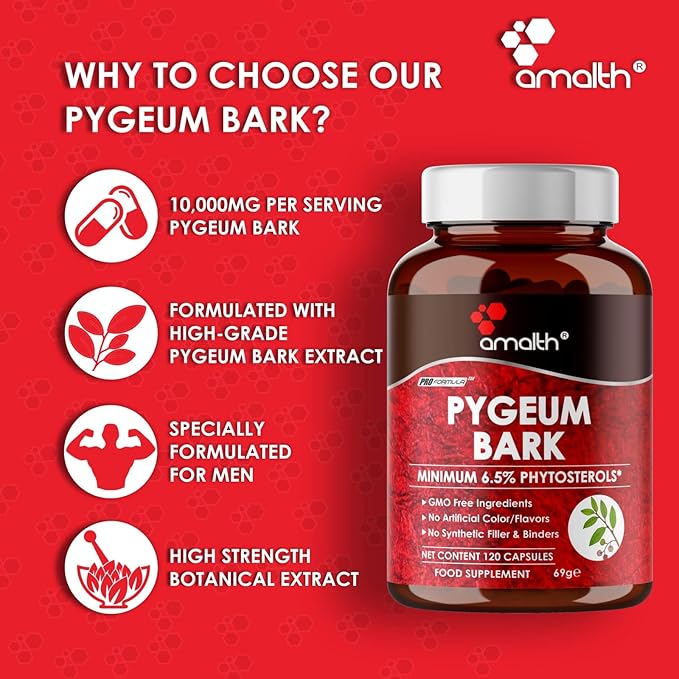 Amalth Pygeum Bark Extract Powder Higher Potency (6.5% phytosterols) Supports Urinary Tract & Prostate Health Men Herbal Supplements 120 Capsules (Non –GMO)