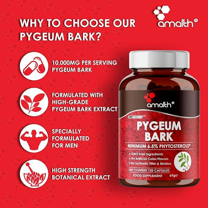 Amalth Pygeum Bark Extract Powder Higher Potency (6.5% phytosterols) Supports Urinary Tract & Prostate Health Men Herbal Supplements 120 Capsules (Non –GMO)