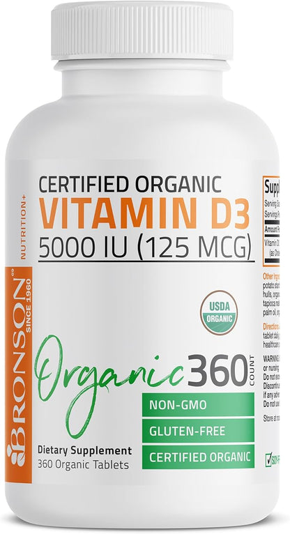 Bronson Vitamin D3 5,000 IU (1 Year Supply) for Immune Support, Healthy Muscle Function & Bone Health, High Potency Organic Non-GMO Vitamin D Supplement, 360 Tablets