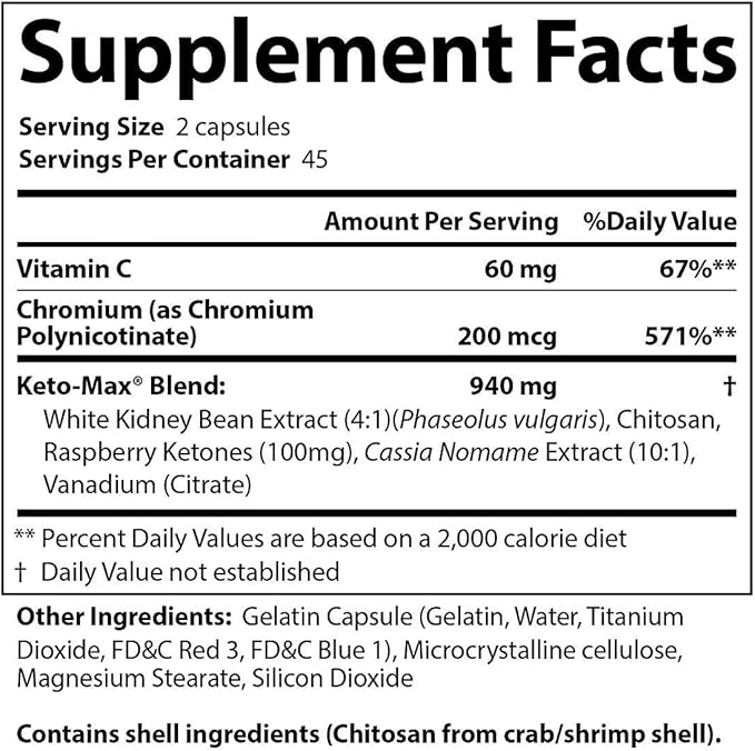 Keto-Max - Carbohydrate and Fat Blocking Dietary Supplement with Chromium - Stimulant Free Fat Burner for A More Toned and Fit Body - 90 Capsules