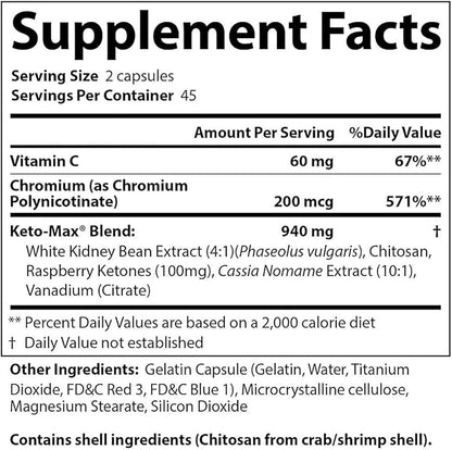 Keto-Max - Carbohydrate and Fat Blocking Dietary Supplement with Chromium - Stimulant Free Fat Burner for A More Toned and Fit Body - 90 Capsules