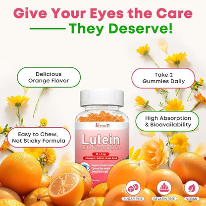 Lutein and Zeaxanthin Supplements Gummies, Advanced Eye Vitamin Supplement with Bilberry, Saffron, Grape Seed, Omega 3 for Macular Health, Dry Eye, Visual Function - Orange Flavor, 120 Count