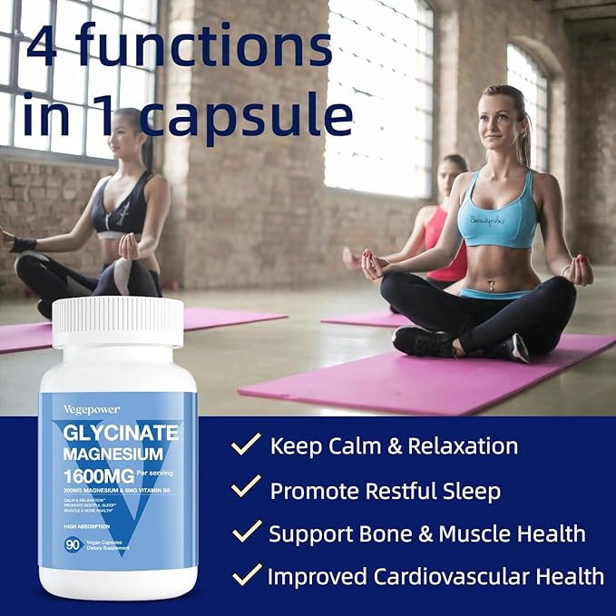 Magnesium Glycinate 200mg, High Absorption Vegan Magnesium Supplement, Fully Chelated Magnesium Zinc Vitamin D & B6, Magnesium Bisglycinate for Sleep, Bone & Muscle Health, Nerve, Non-GMO, 90 Capsules