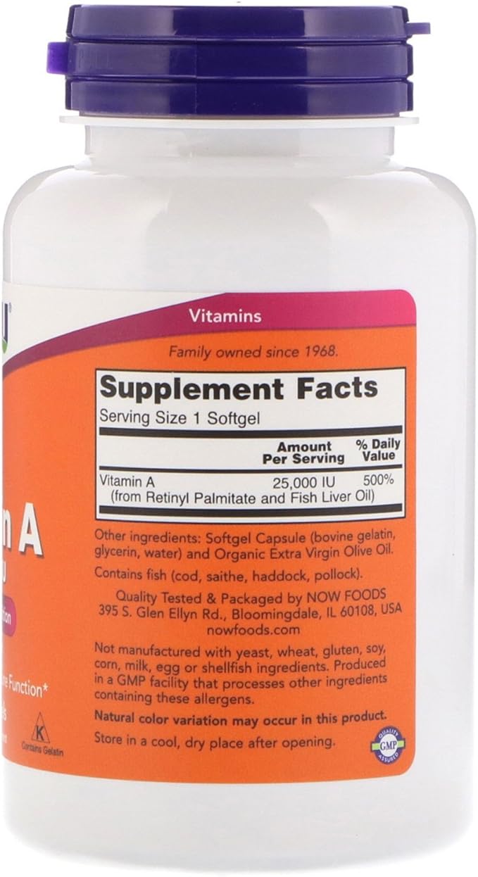 Now Foods Vitamin A, 25000 IU from Fish liver oil, 250 Softgels (Pack of 2)