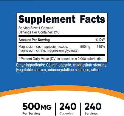 Nutricost Magnesium Complex 500mg, 240 Capsules - Magnesium Oxide, Citrate, and Glycinate - Gluten Free and Non-GMO