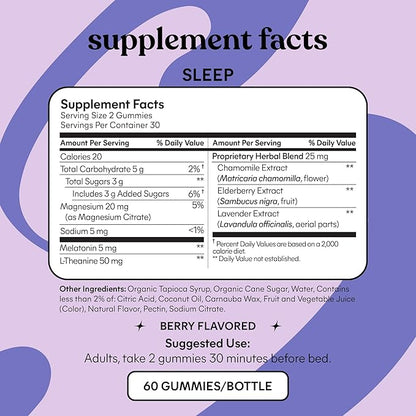 Lemme Sleep Gummies with 5mg Melatonin, Elderberry, Magnesium, L-Theanine, Chamomile and Lavender, Drug-Free Nighttime Sleep Aid, Gluten Free, Gelatin Free, Non GMO, Berry Flavored (60 Count)