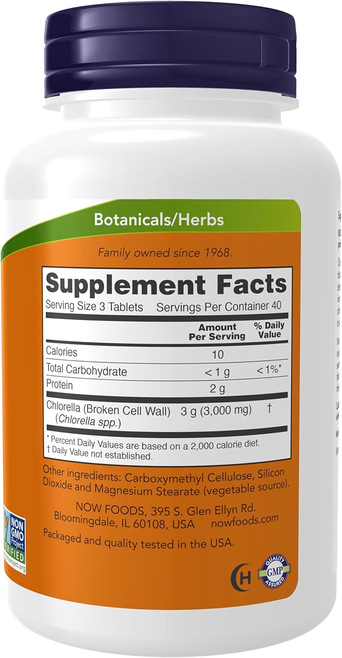 NOW Foods Supplements, Chlorella 1000 mg with naturally occurring Chlorophyll, Beta-Carotene, mixed Carotenoids, Vitamin C, Iron and Protein, 120 Tablets