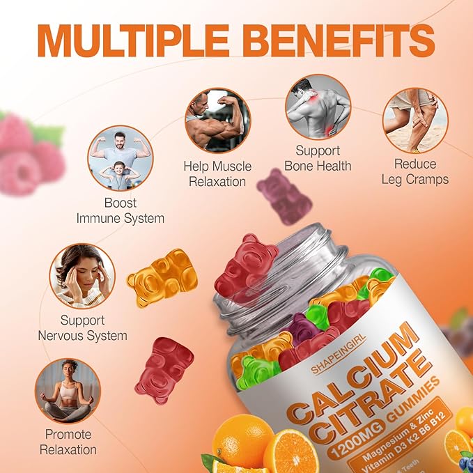 1200mg Calcium Citrate with Vitamin D3, K2, B6 & B12, Calcium Supplements for Women & Men, Plus Magnesium Zinc for Bones, Muscle & Immune Support, High Absorption Fruit Flavor 120 Calcium Gummies