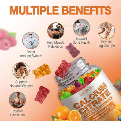 1200mg Calcium Citrate with Vitamin D3, K2, B6 & B12, Calcium Supplements for Women & Men, Plus Magnesium Zinc for Bones, Muscle & Immune Support, High Absorption Fruit Flavor 120 Calcium Gummies