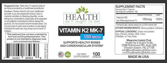 Health As It Ought To Be Vitamin K2 MK7 150mcg Supplement | Works with Vitamin D | Soy Free | Tested for Purity and Strength | 100 Capsules