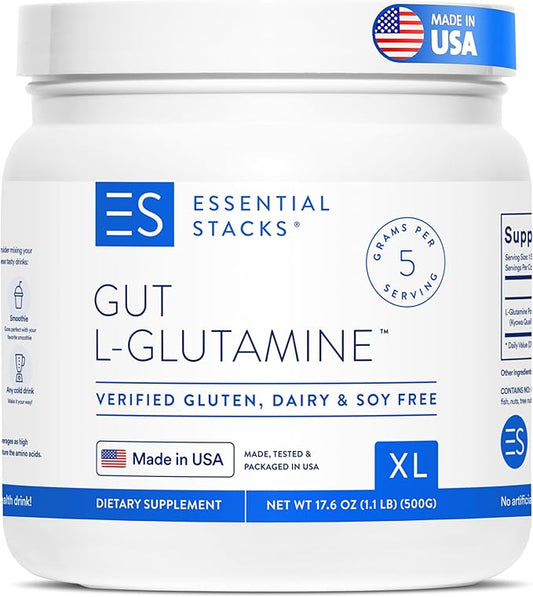 Essential Stacks Gut L-Glutamine Powder - Exclusively Made in USA - Pure L Glutamine Powder for Gut Health (100 Servings, Unflavored)