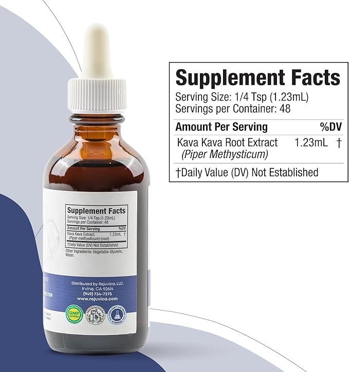 Rejuvica Health Kava Kava Root Extract Supplement - Active Kava Kava - Potent Relaxation & Calm - Liquid Extract - Piper Methysticum - Noble Variety - Naturally Occurring Kavalactones - 96 Servings