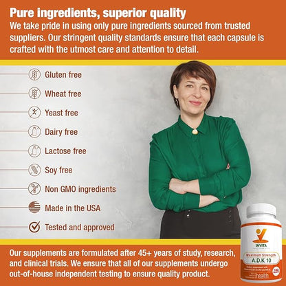 INVITA ADK - Vitamins A1, Vitamin D3 5000 IU & K2 MK7 Supplement - Physician Formulated Bone & Immune System Support - Gluten Free, Non-GMO - 180 Vegetarian Capsules for Men & Women