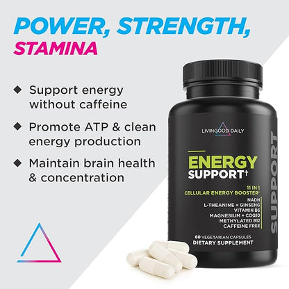 Livingood Daily Energy Supplements for Women & Men, 60 Vegetarian Capsules - Vitamin B6 & B12, NADH, L-Theanine & Magnesium Energy Support Pills Support Mood, Brain Health, & Muscle Function - Non-GMO