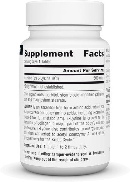 Source Naturals L-Lysine Free Form -Amino Acid Supplement Supports Energy Formation & Collagen* - 500 mg- 50 Tablets