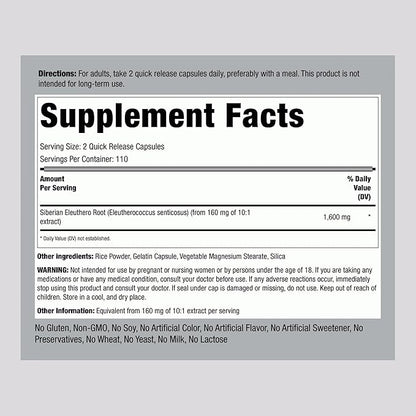 Piping Rock Siberian Eleuthero Root Capsules 1600mg | 220 Count | Concentrated Herbal Extract | Non-GMO, Gluten Free Supplement