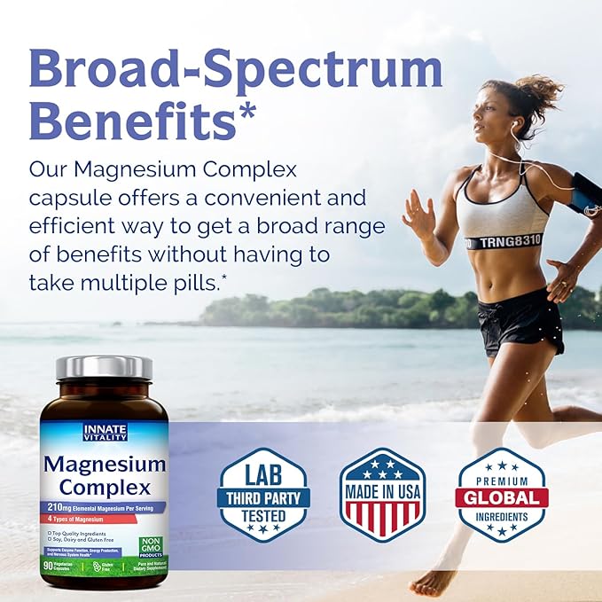 Innate Vitality Magnesium Complex - Magnesium Glycinate, Malate, Citrate, Oxide, 4-in-1 Formula for Energy, Muscles, Bones & Nerves, Vegan & No Gluten, 90 Capsules