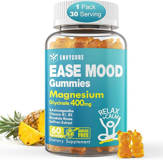 Sugar Free Magnesium Glycinate Gummies 400mg with Ashwagandha, B1, B3, Rhodiola Rosea & Saffron for Support Rest, Mood & Energy Calm Magnesium Gummies for Adults, Chewable Magnesium Supplement, 60Ct