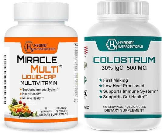 Hybrid Nutraceuticals Optimum Health with Immune Support: Liquid Multivitamin Capsules and Colostrum Capsules