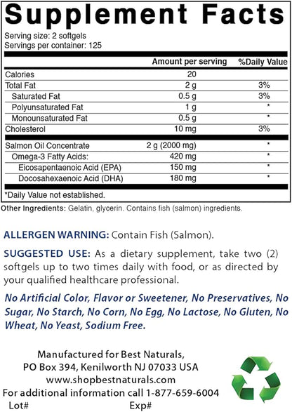 Best Naturals Salmon Oil 1000 mg 250 Softgels Manufactured in a USA Based GMP Certified and FDA Inspected Facility and Third Party Tested for Purity. Guaranteed!!
