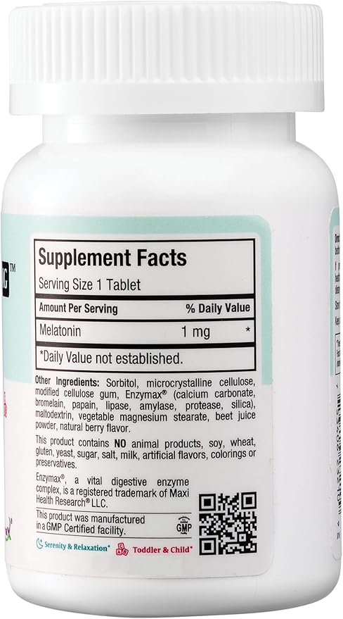 Maxi Health Chewable Melatonin, Kosher Berry Flavor, 1mg Melatonin for Adults or Teens, Natural Aid for Adults, Melatonin Chewables Alternative to Melatonin Gummies Higher 1 mg Dose (100 Count)