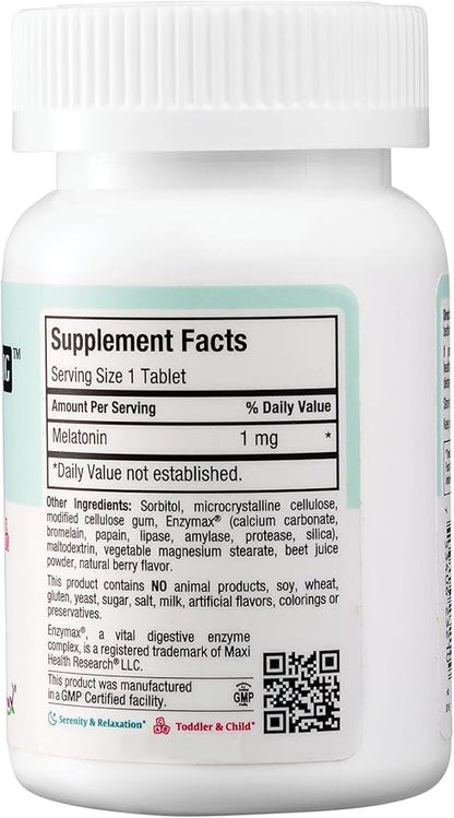 Maxi Health Chewable Melatonin, Kosher Berry Flavor, 1mg Melatonin for Adults or Teens, Natural Aid for Adults, Melatonin Chewables Alternative to Melatonin Gummies Higher 1 mg Dose (100 Count)