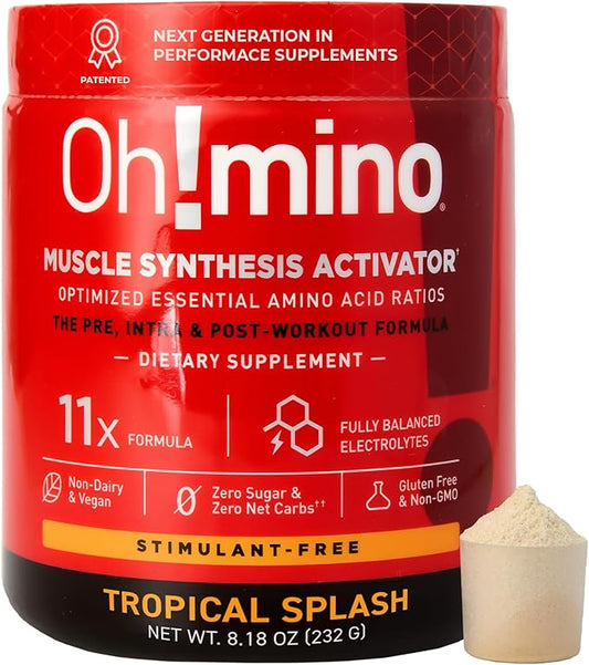 Ohmino Essential Amino Acids for Muscle Gain - BCAAs and EAA Amino acids Powder Supplement, Pre & Post Workout - Non Caffeine, Non Dairy, Vegan, Zero Sugar & Net Carbs - 40 Servings (Tropical Splash)