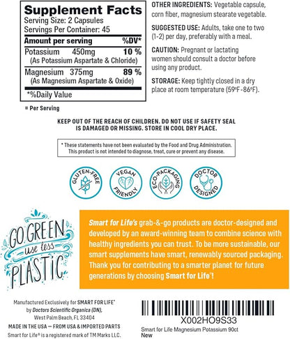 SMART FOR LIFE Potassium Magnesium Supplement – High Absorption Mineral Complex – 90 Vegan Capsules – Muscle Support & Electrolyte Balance