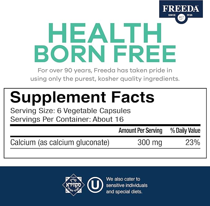 Freeda Calcium Gluconate – Kosher Vegan Calcium Supplement – Easy to Digest & Absorb – Supports Bone Strength – Pure Calcium Without Vitamin D – (100 Capsules)